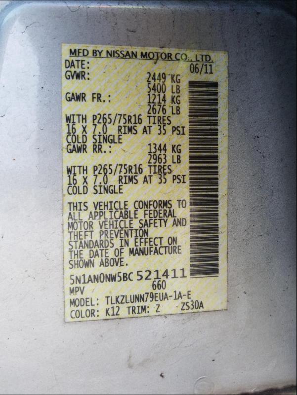 2011 NISSAN XTERRA OFF 5N1AN0NW5BC521411