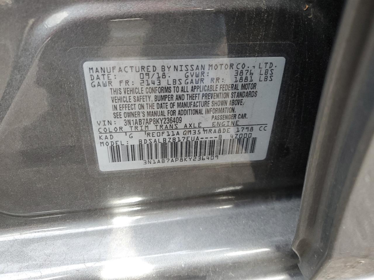 3N1AB7AP8KY236409 NISSAN SENTRA 2019