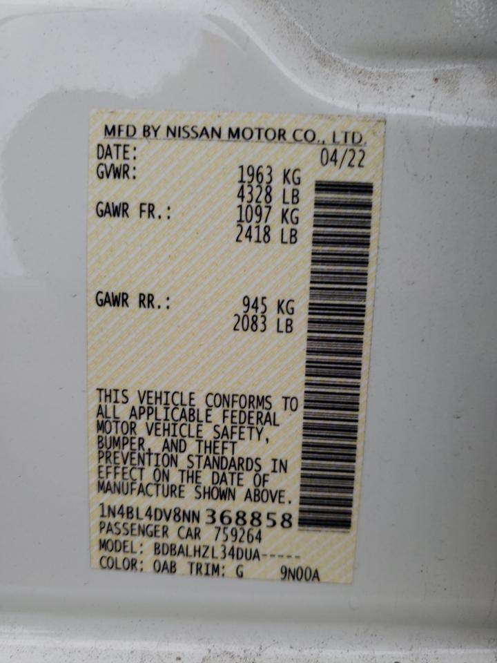 1N4BL4DV8NN368858 NISSAN ALTIMA 2022