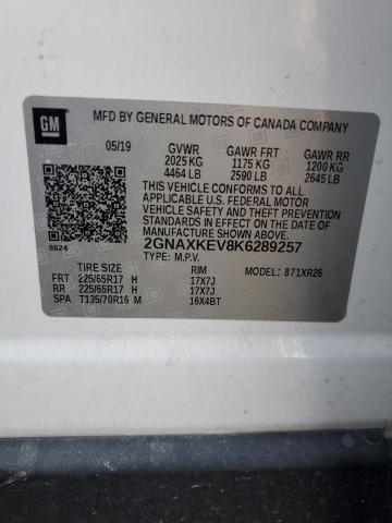 2GNAXKEV8K6289257 | 2019 CHEVROLET EQUINOX LT