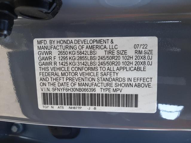 2022 HONDA PILOT SPOR 5FNYF6H30NB066396