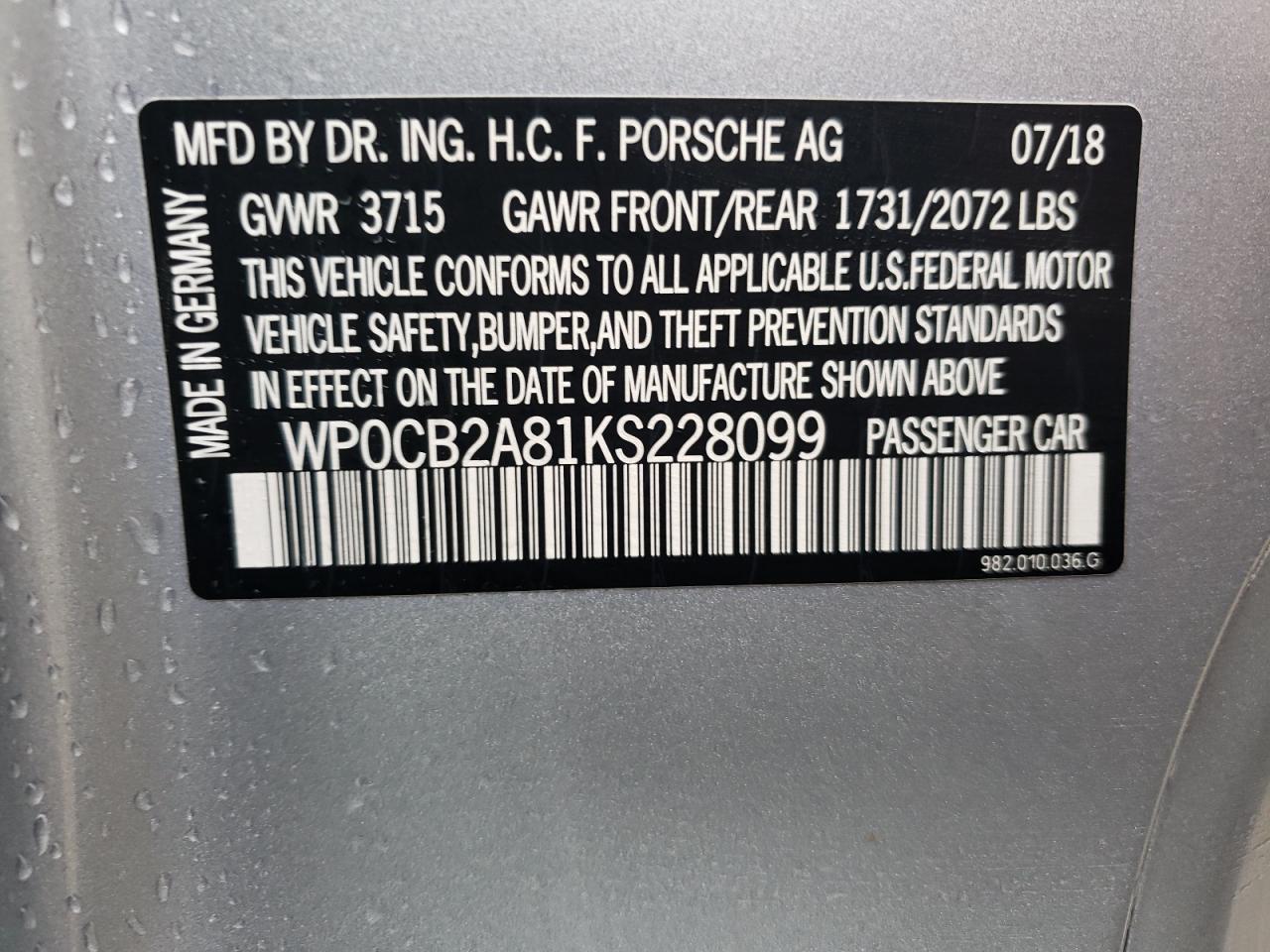 VIN: WP0CB2A81KS228099 2019 PORSCHE BOXSTER S