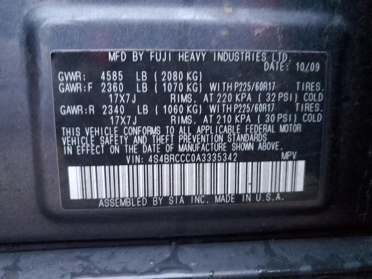 4S4BRCCC0A3335342 2010 Subaru Outback 2.5I Premium