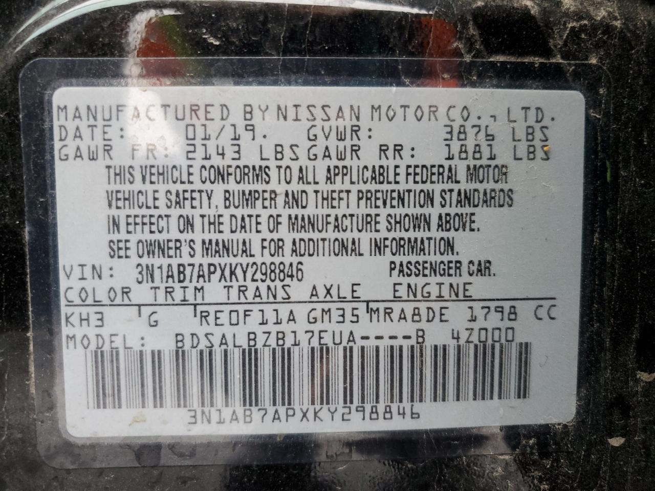 3N1AB7APXKY298846 NISSAN SENTRA 2019