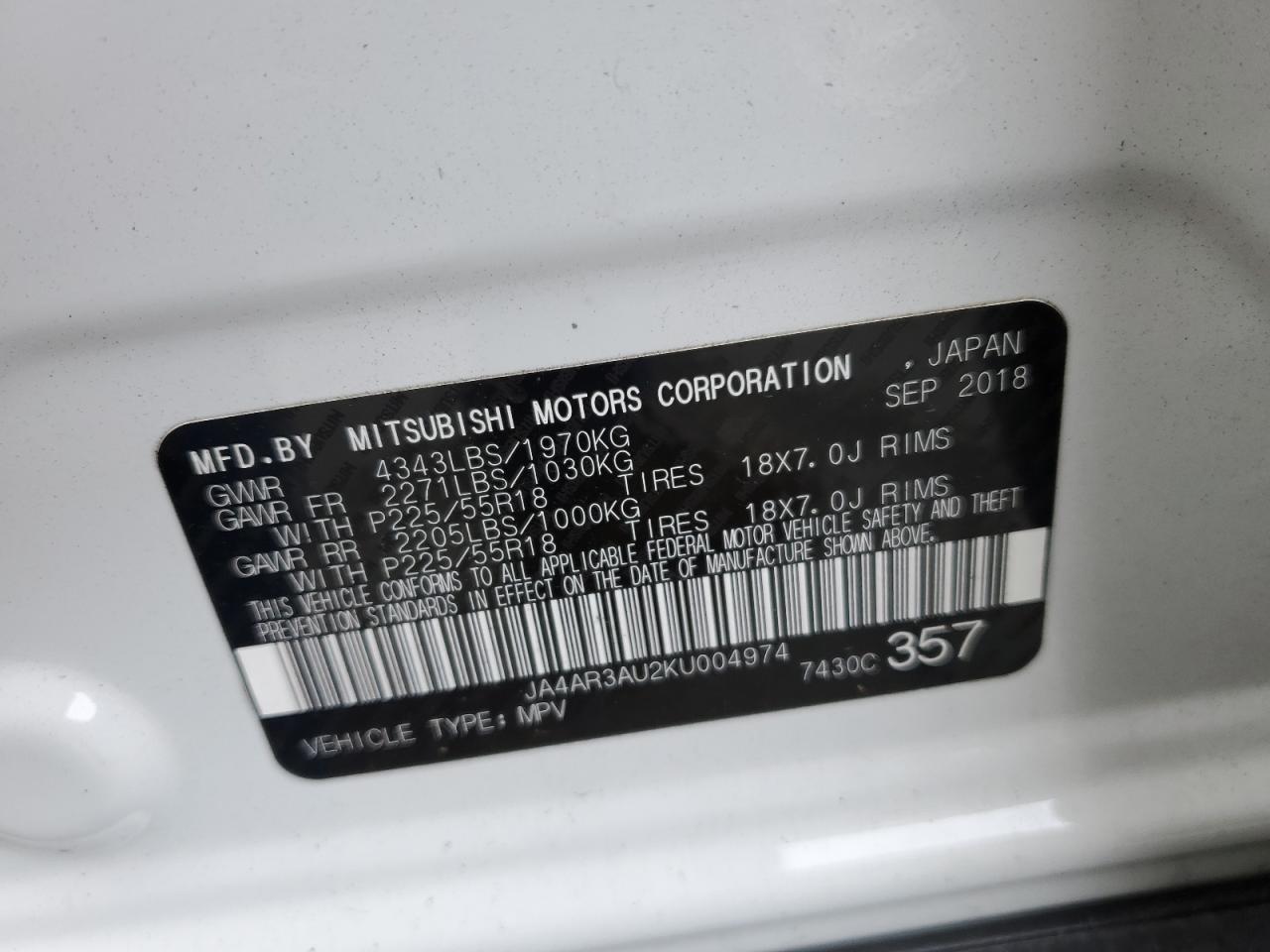 2019 Mitsubishi Outlander Sport Es VIN: JA4AR3AU2KU004974 Lot: 66268484