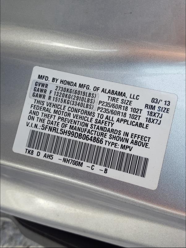 2013 HONDA ODYSSEY TO 5FNRL5H99DB064866