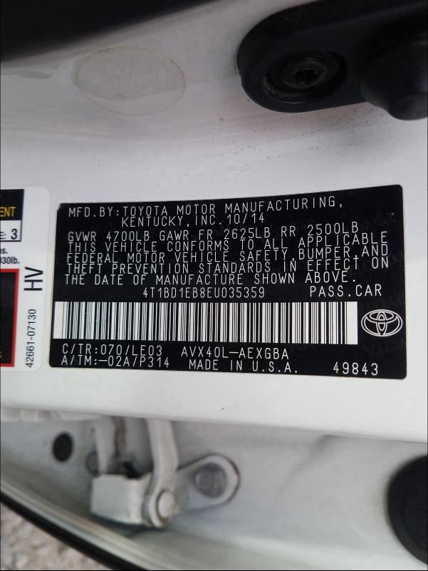 2014 TOYOTA AVALON HYB 4T1BD1EB8EU035359
