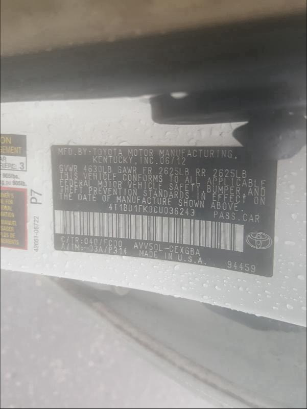 2012 TOYOTA CAMRY HYBR 4T1BD1FK0CU036243