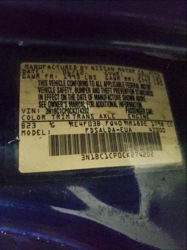 2012 NISSAN VERSA S 3N1BC1CP0CK274202