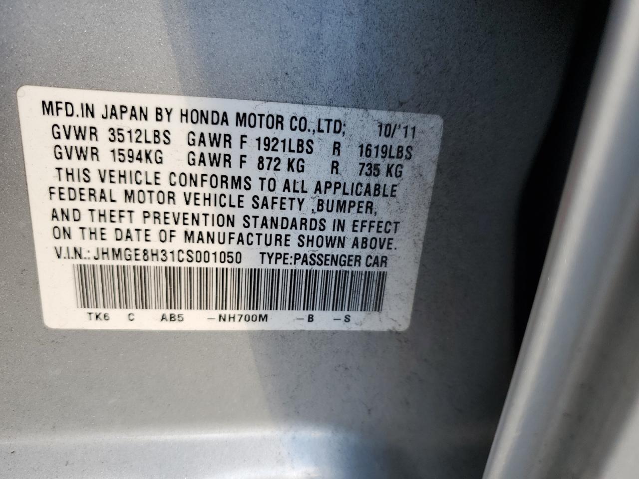 2012 Honda Fit VIN: JHMGE8H31CS001050 Lot: 70683292
