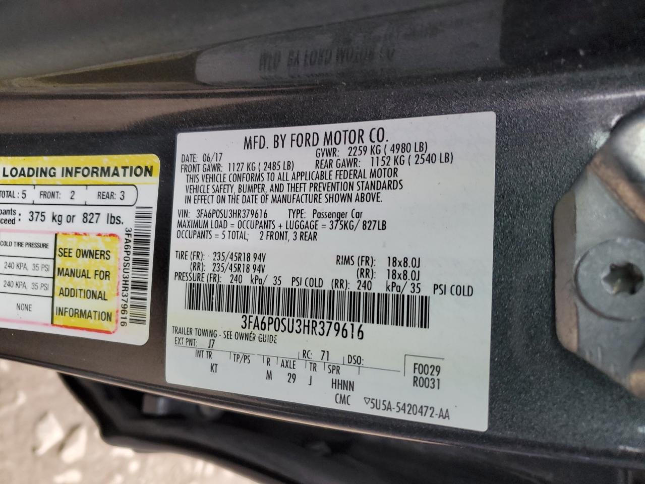 3FA6P0SU3HR379616 FORD FUSION 2017