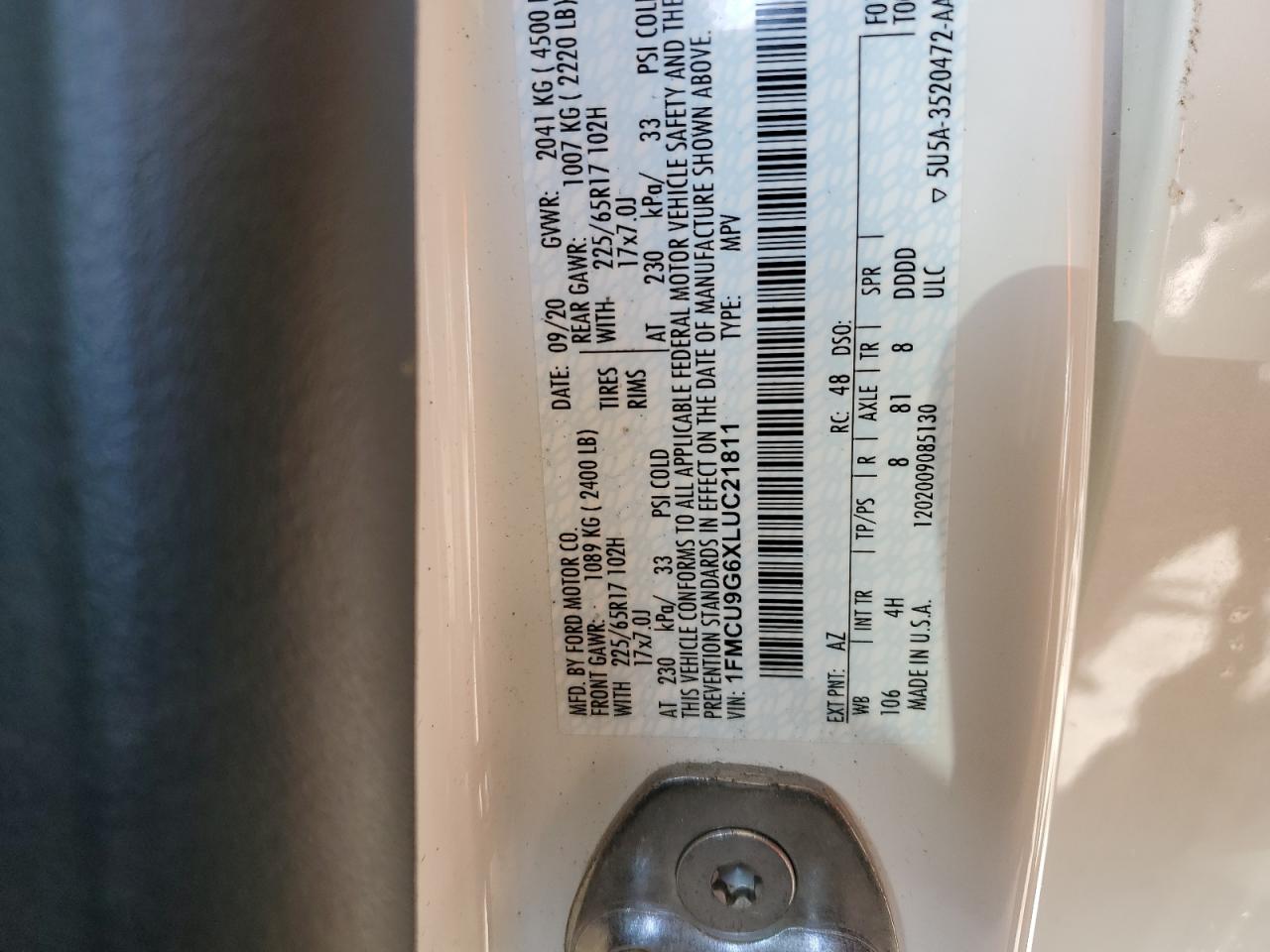 1FMCU9G6XLUC21811 FORD ESCAPE 2020
