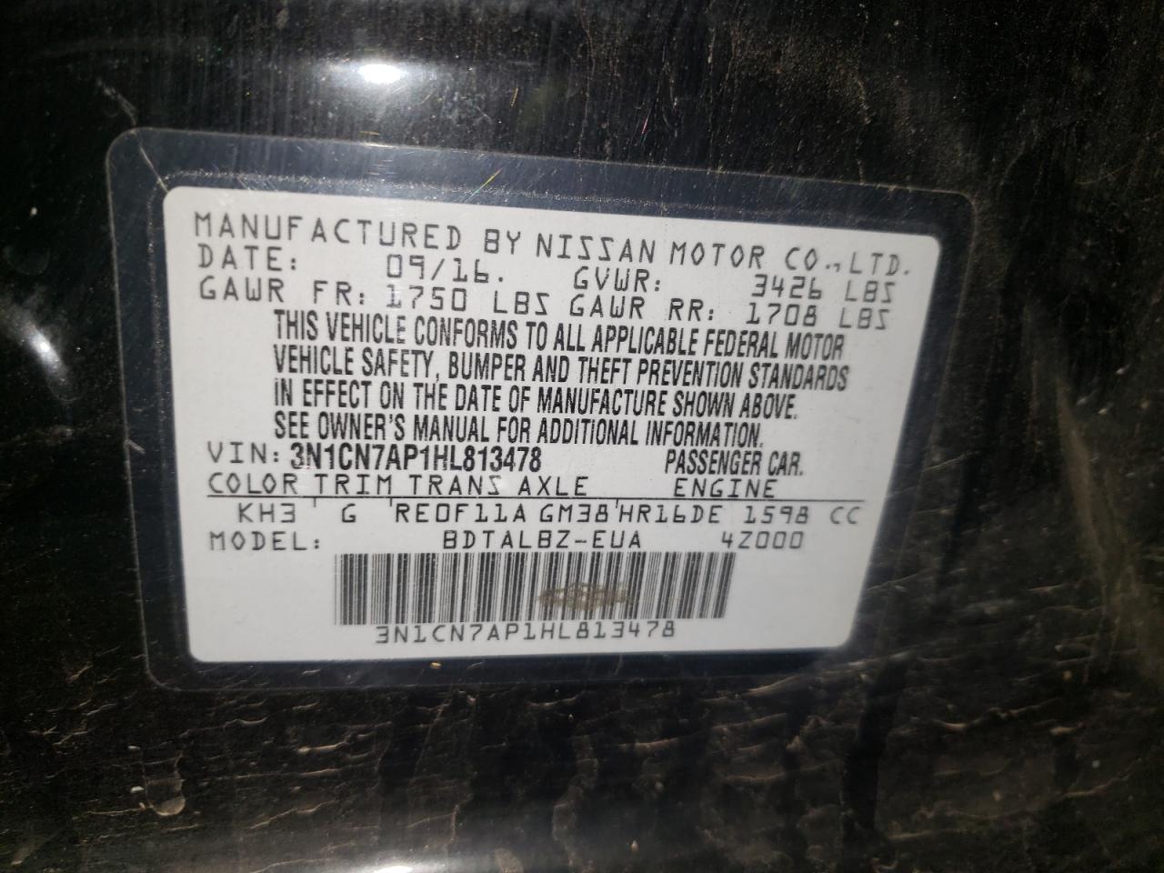 3N1CN7AP1HL813478 NISSAN VERSA 2017