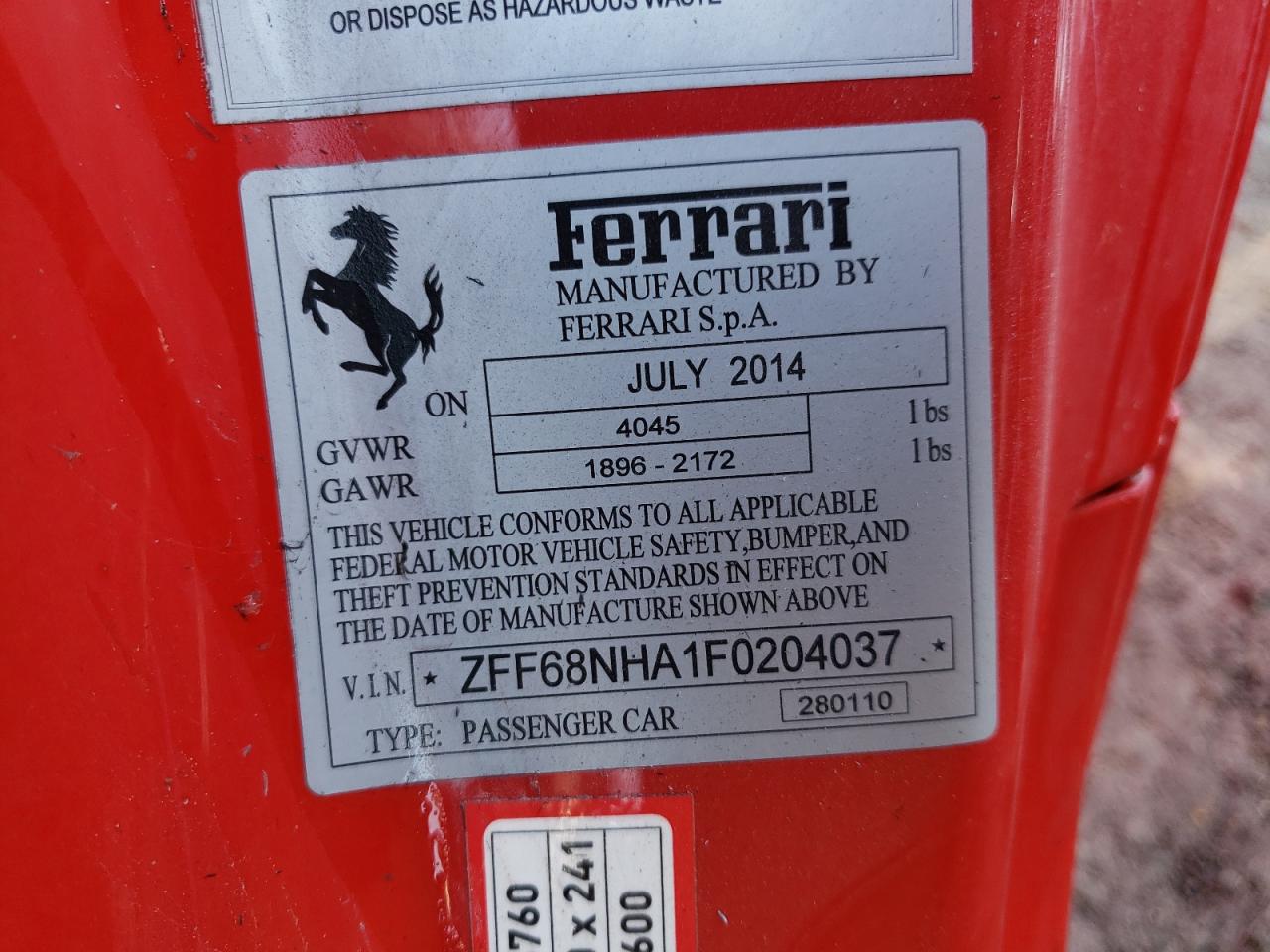 VIN ZFF68NHA1F0204037 2015 FERRARI ALL MODELS no.10