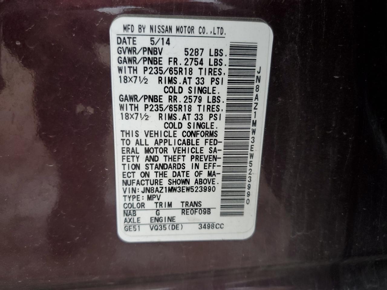 2014 Nissan Murano S VIN: JN8AZ1MW3EW523990 Lot: 81617343