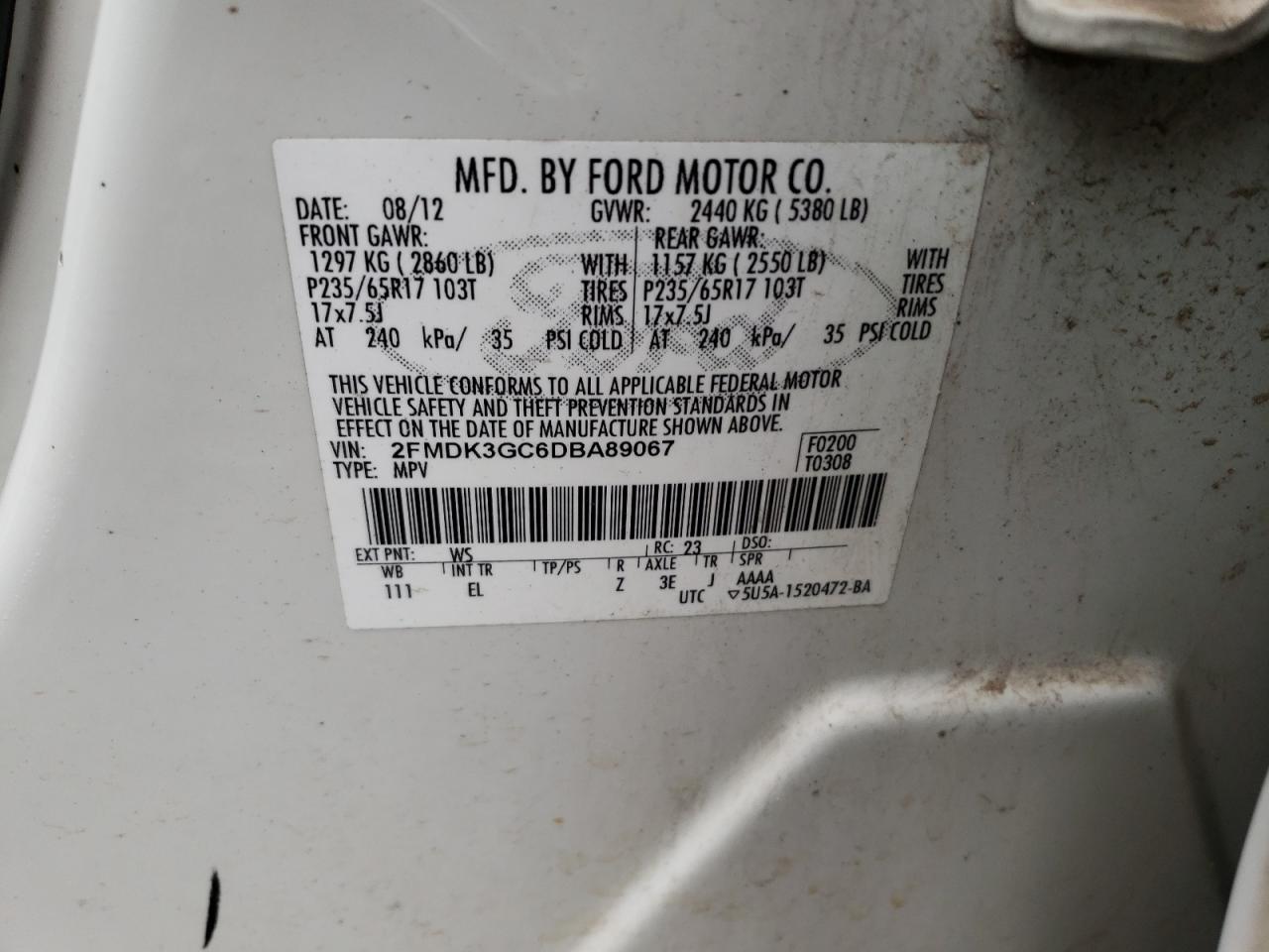 2013 Ford Edge Se VIN: 2FMDK3GC6DBA89067 Lot: 86634895