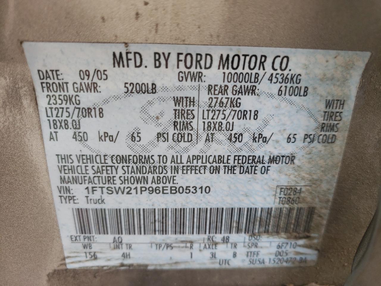 2006 Ford F250 Super Duty VIN: 1FTSW21P96EB05310 Lot: 62837333