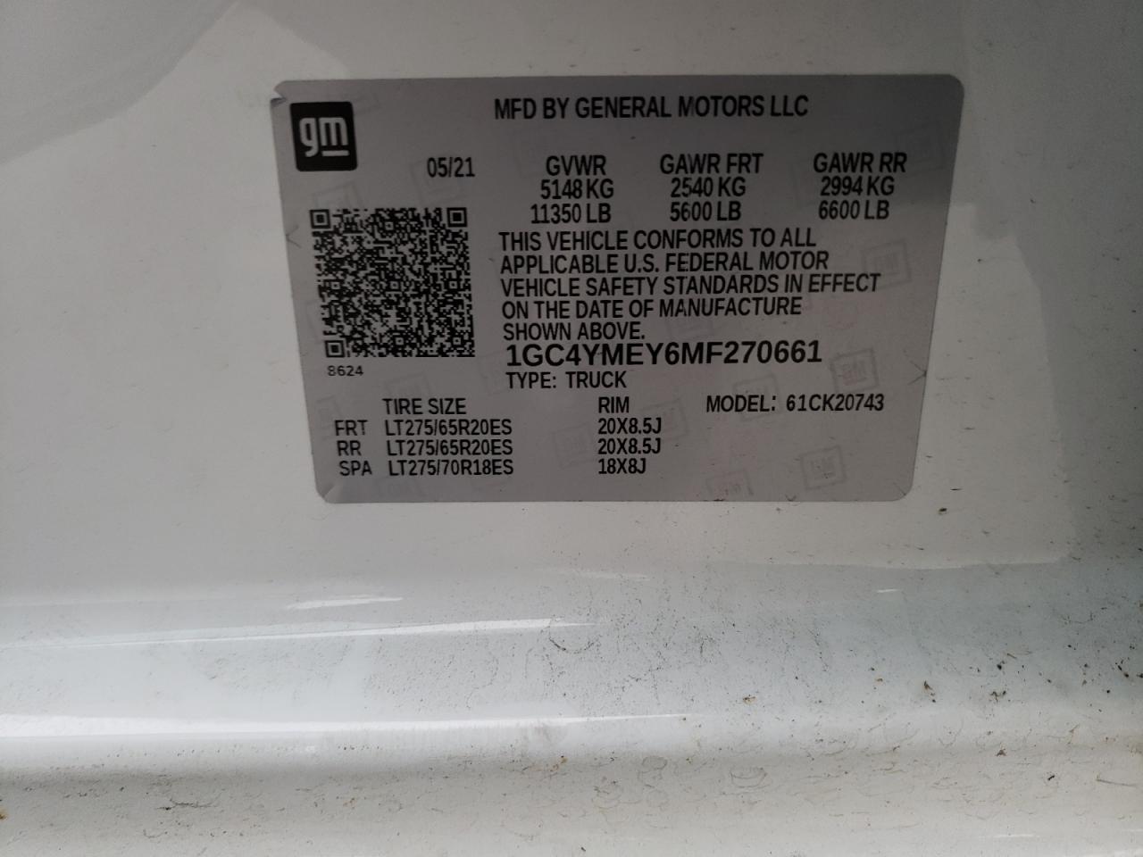 1GC4YMEY6MF270661 CHEVROLET ALL Models 2021