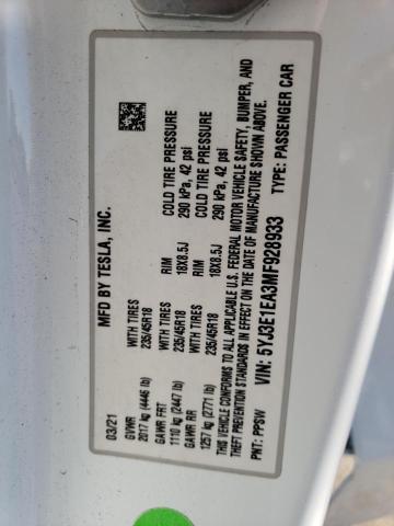 5YJ3E1EA3MF928933 Tesla MODEL 3