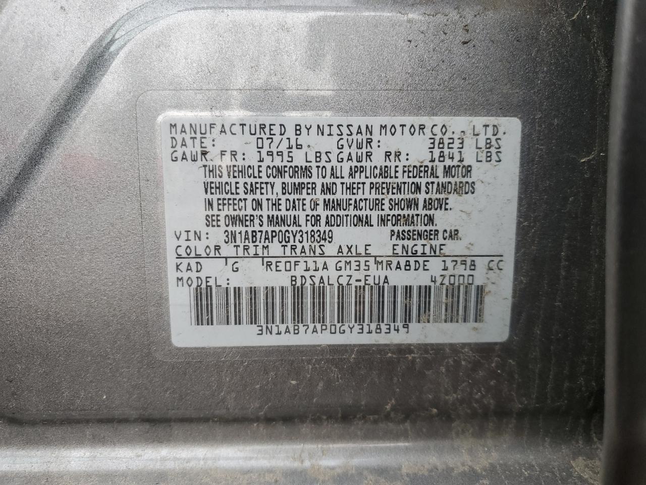 3N1AB7AP0GY318349 NISSAN SENTRA 2016