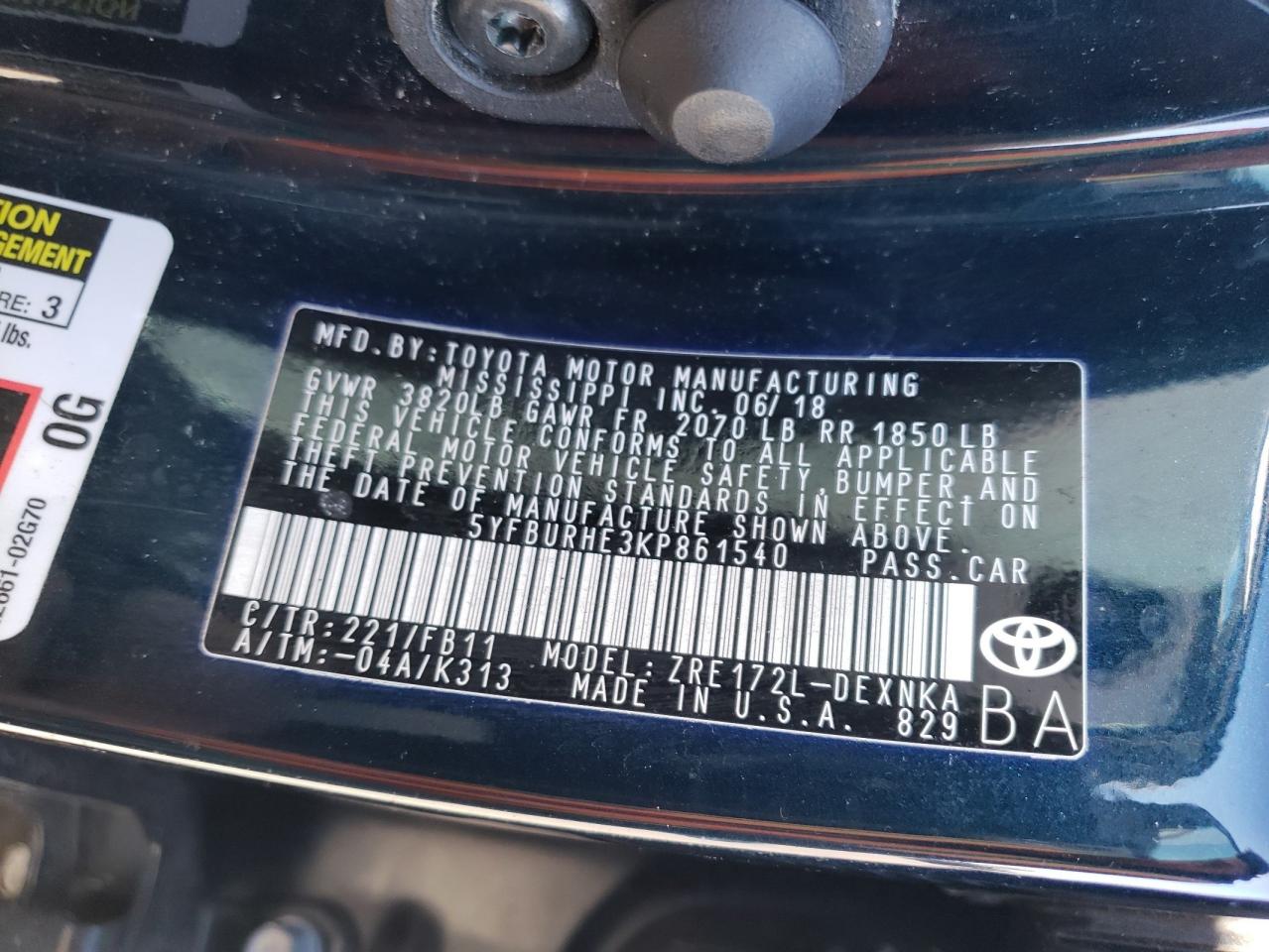 5YFBURHE3KP861540 TOYOTA COROLLA 2019