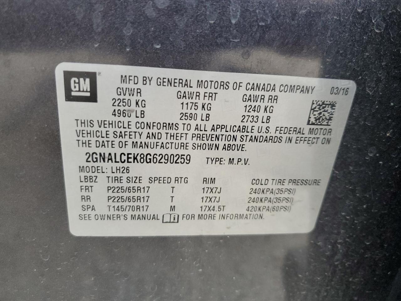 2016 Chevrolet Equinox Lt VIN: 2GNALCEK8G6290259 Lot: 71977602