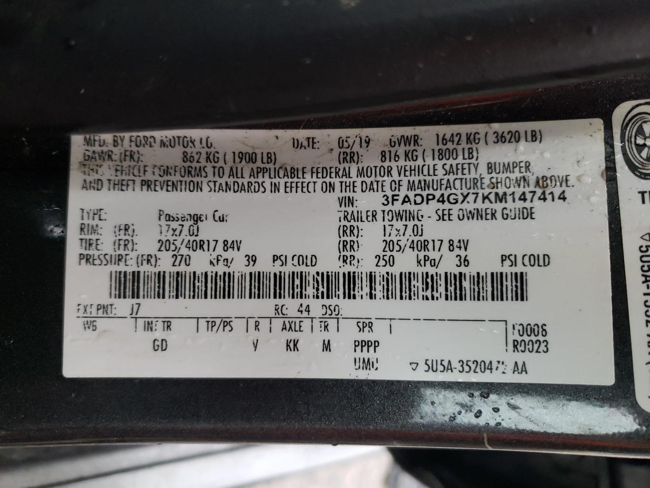 3FADP4GX7KM147414 FORD FIESTA 2019