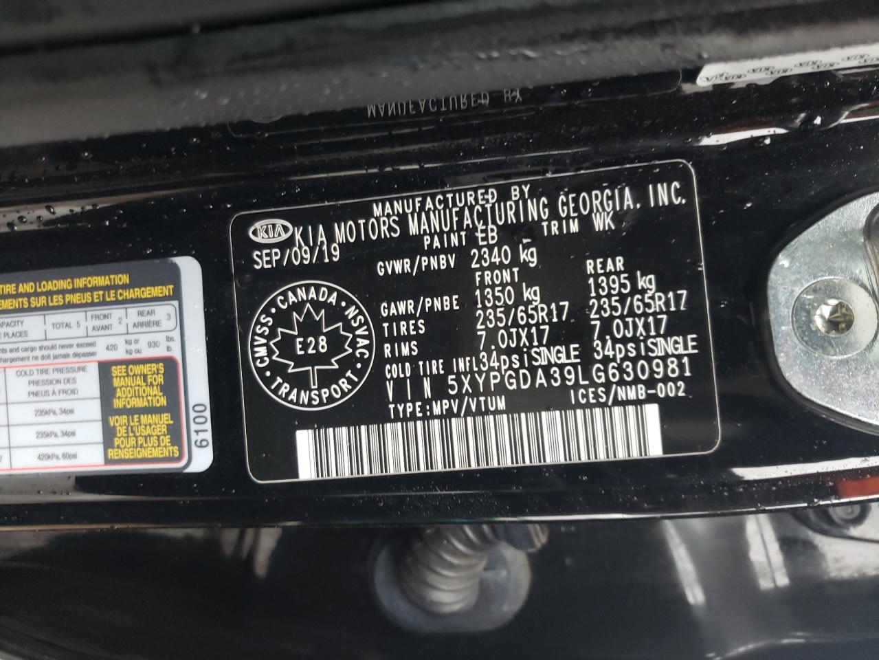 5XYPGDA39LG630981 2020 Kia Sorento L