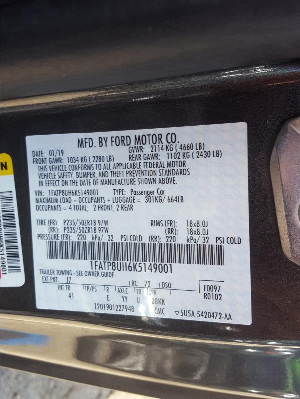 1FATP8UH6K5149001 2019 FORD MUSTANG