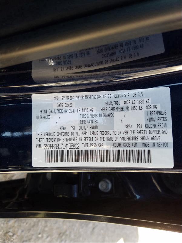 2020 MAZDA 3 3MZBPABL7LM135802