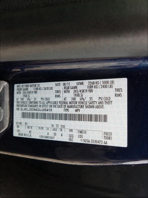 5LMCJ3D94GUJ05415 2016 LINCOLN MKC RESERVE