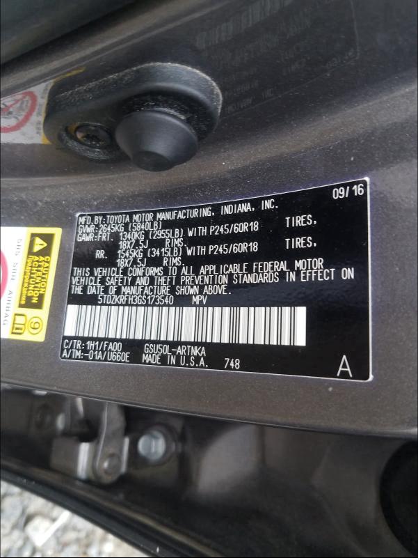 5TDZKRFH3GS173540 2016 TOYOTA HIGHLANDER LE