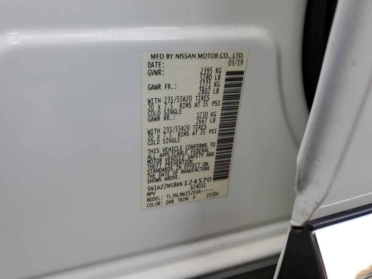 5N1AZ2MS8KN124570 NISSAN MURANO 2019