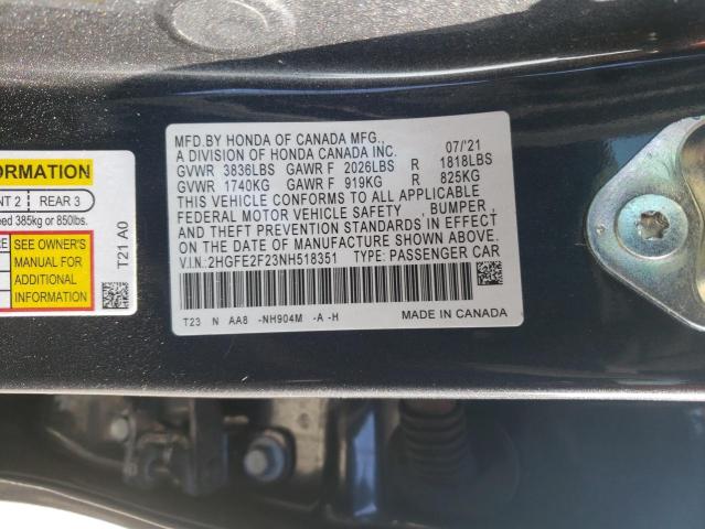 2022 HONDA CIVIC SEDA 2HGFE2F23NH518351