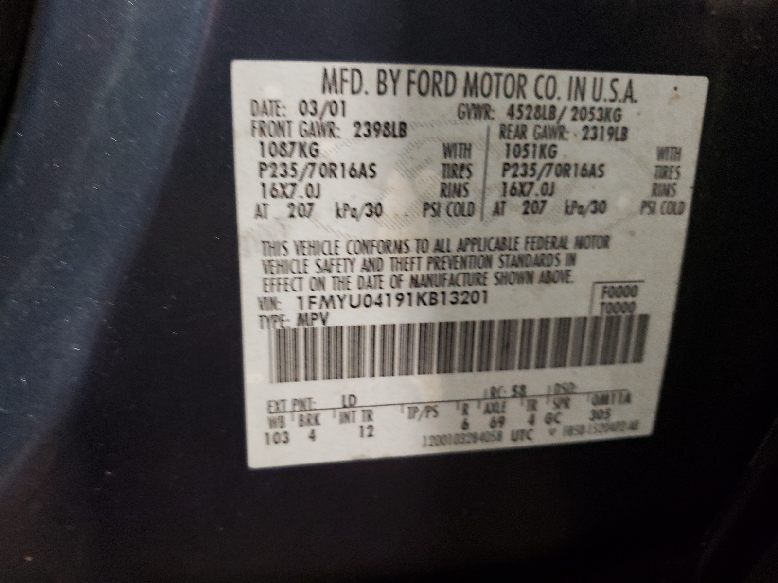 1FMYU04191KB13201 2001 Ford Escape Xlt