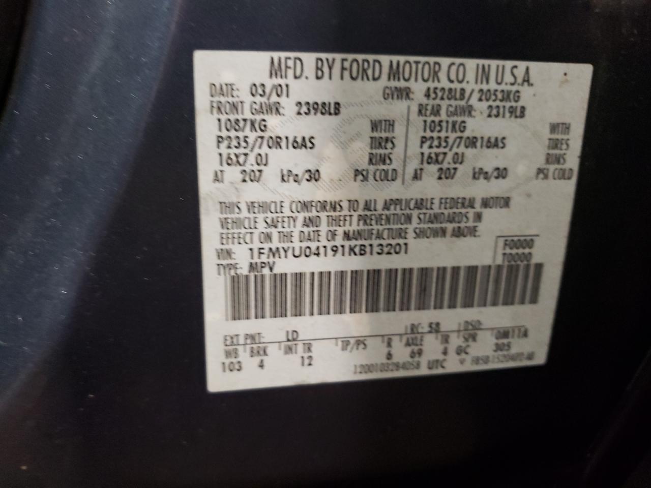 2001 Ford Escape Xlt VIN: 1FMYU04191KB13201 Lot: 54685074