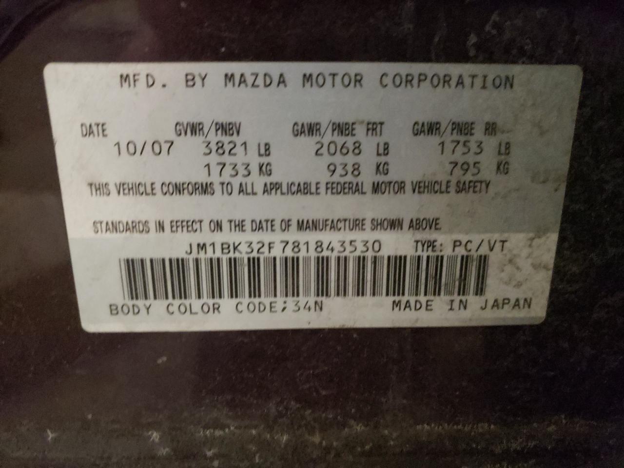 2008 Mazda 3 I VIN: JM1BK32F781843530 Lot: 71967472