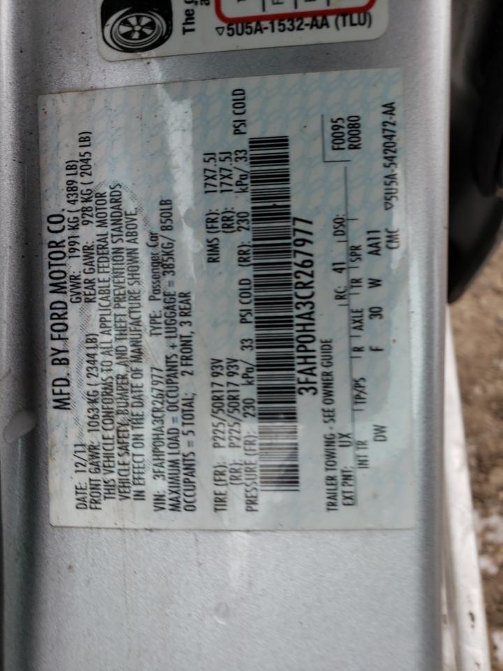 2012 Ford Fusion Se VIN: 3FAHP0HA3CR267977 Lot: 63671393