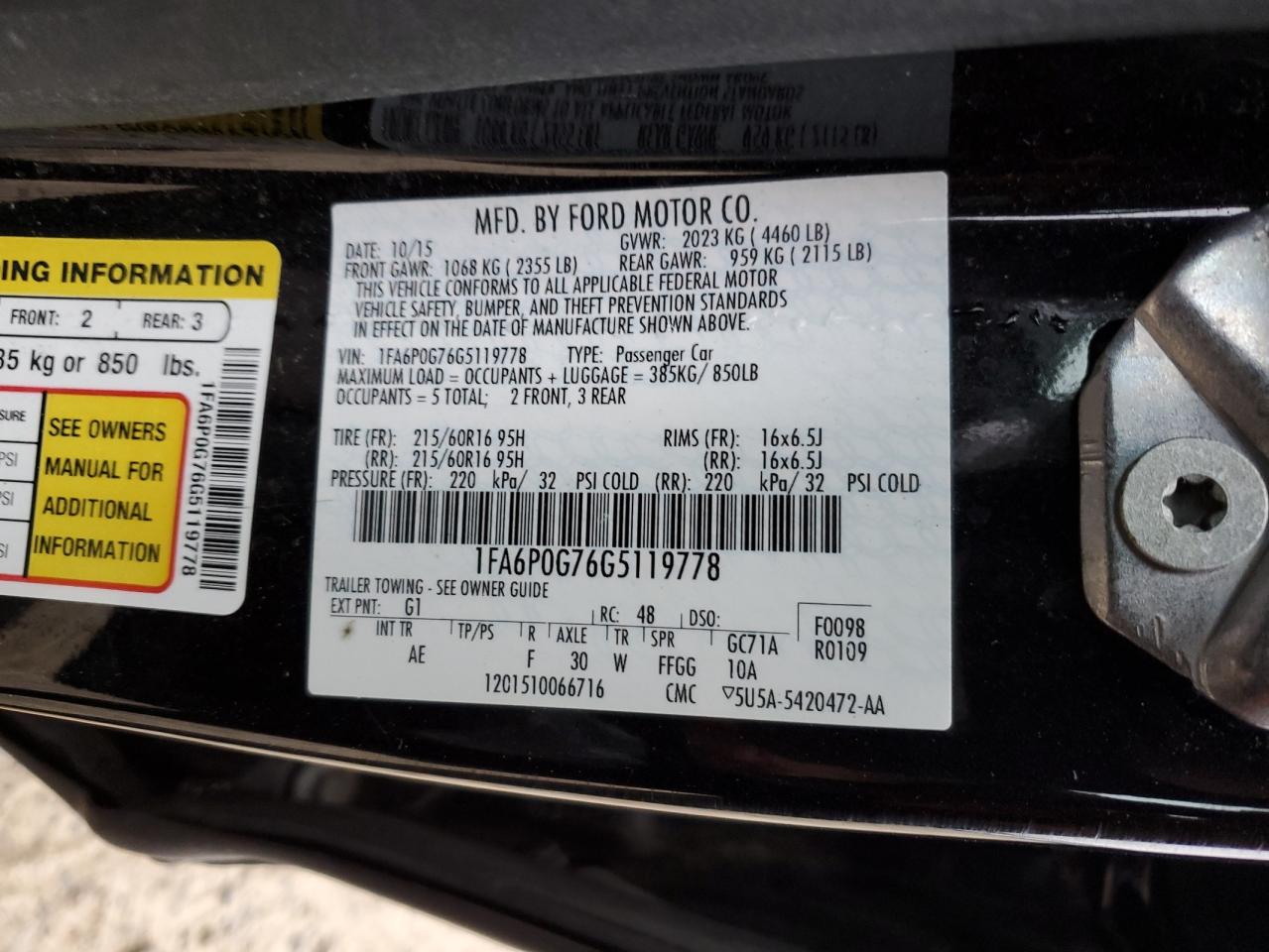 1FA6P0G76G5119778 FORD FUSION 2016