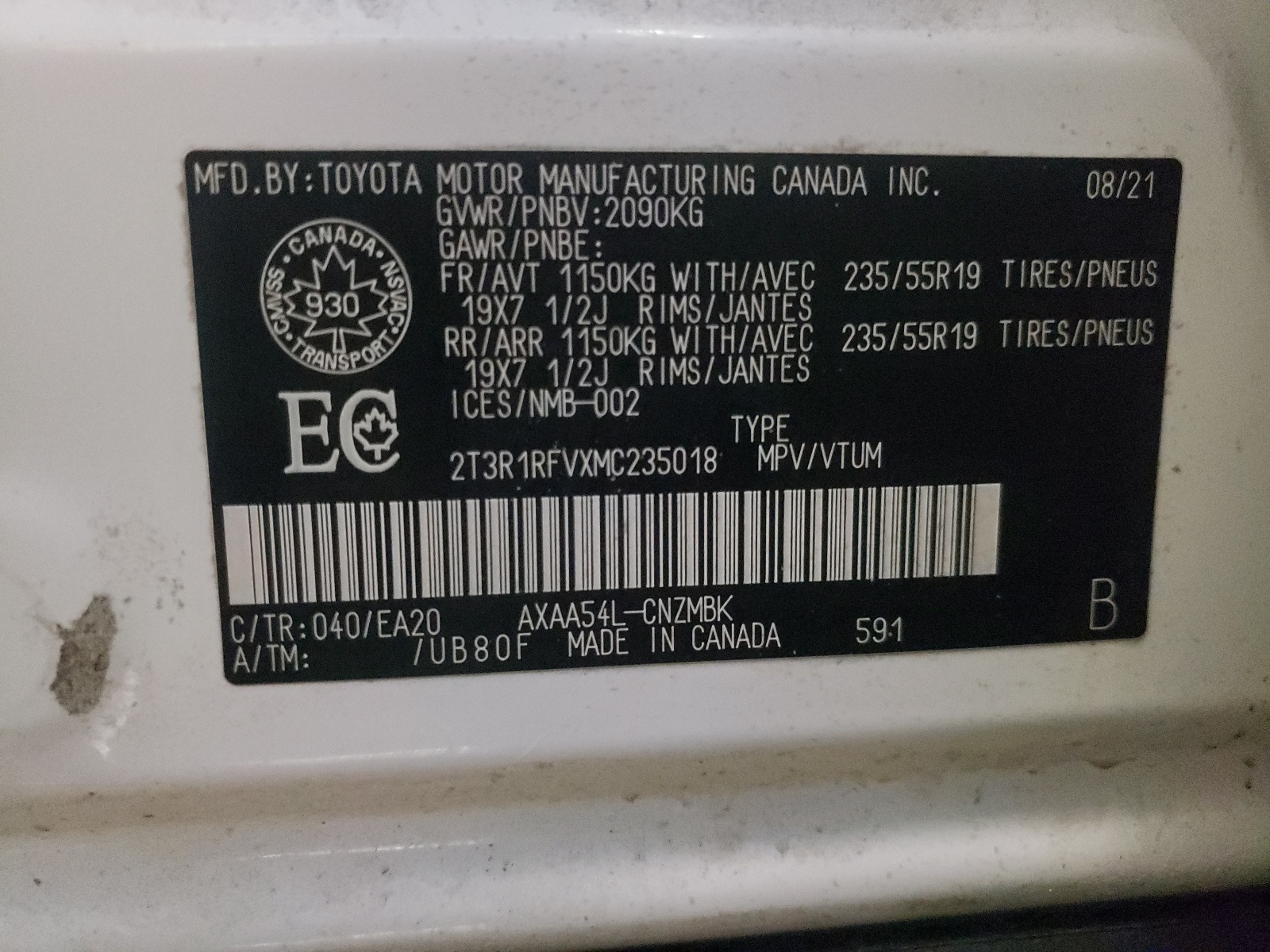 2T3R1RFVXMC235018 2021 Toyota Rav4 Xle