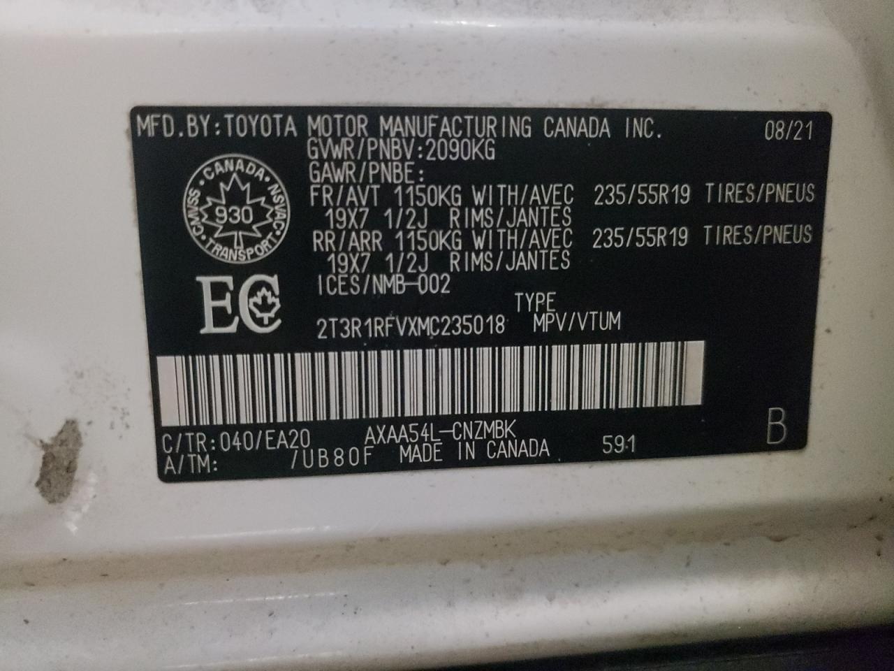 2021 Toyota Rav4 Xle VIN: 2T3R1RFVXMC235018 Lot: 72073722