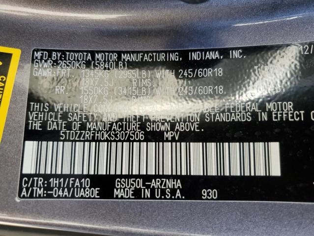 2019 TOYOTA HIGHLANDER - 5TDZZRFH0KS307506