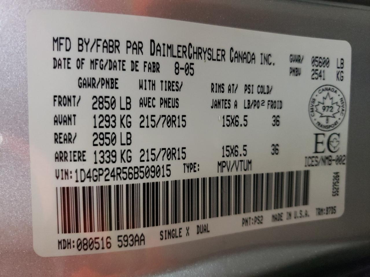 2006 Dodge Grand Caravan Se VIN: 1D4GP24R56B509015 Lot: 72749672