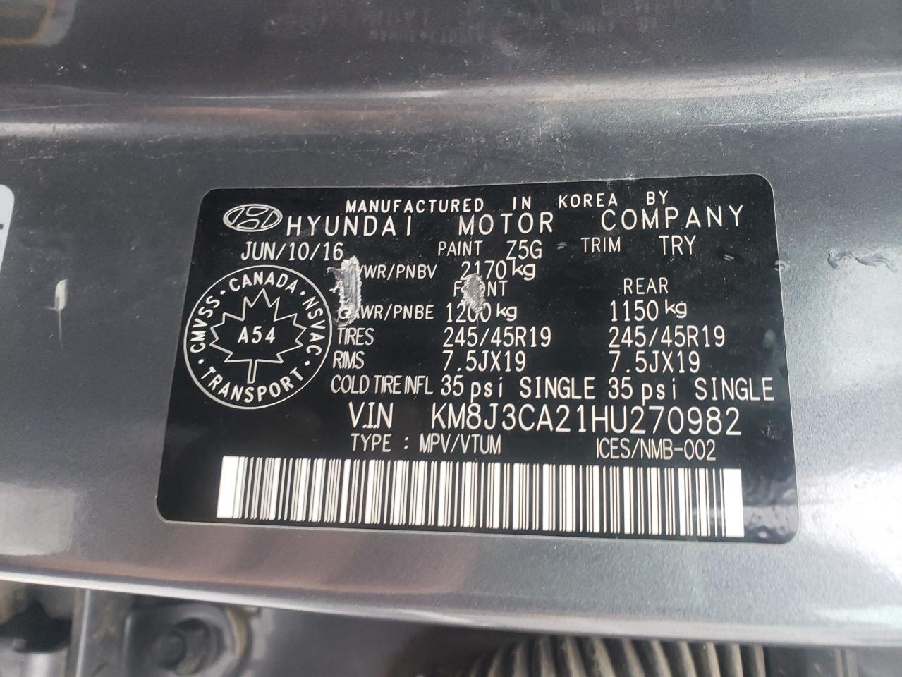 2017 Hyundai Tucson Limited VIN: KM8J3CA21HU270982 Lot: 72679142