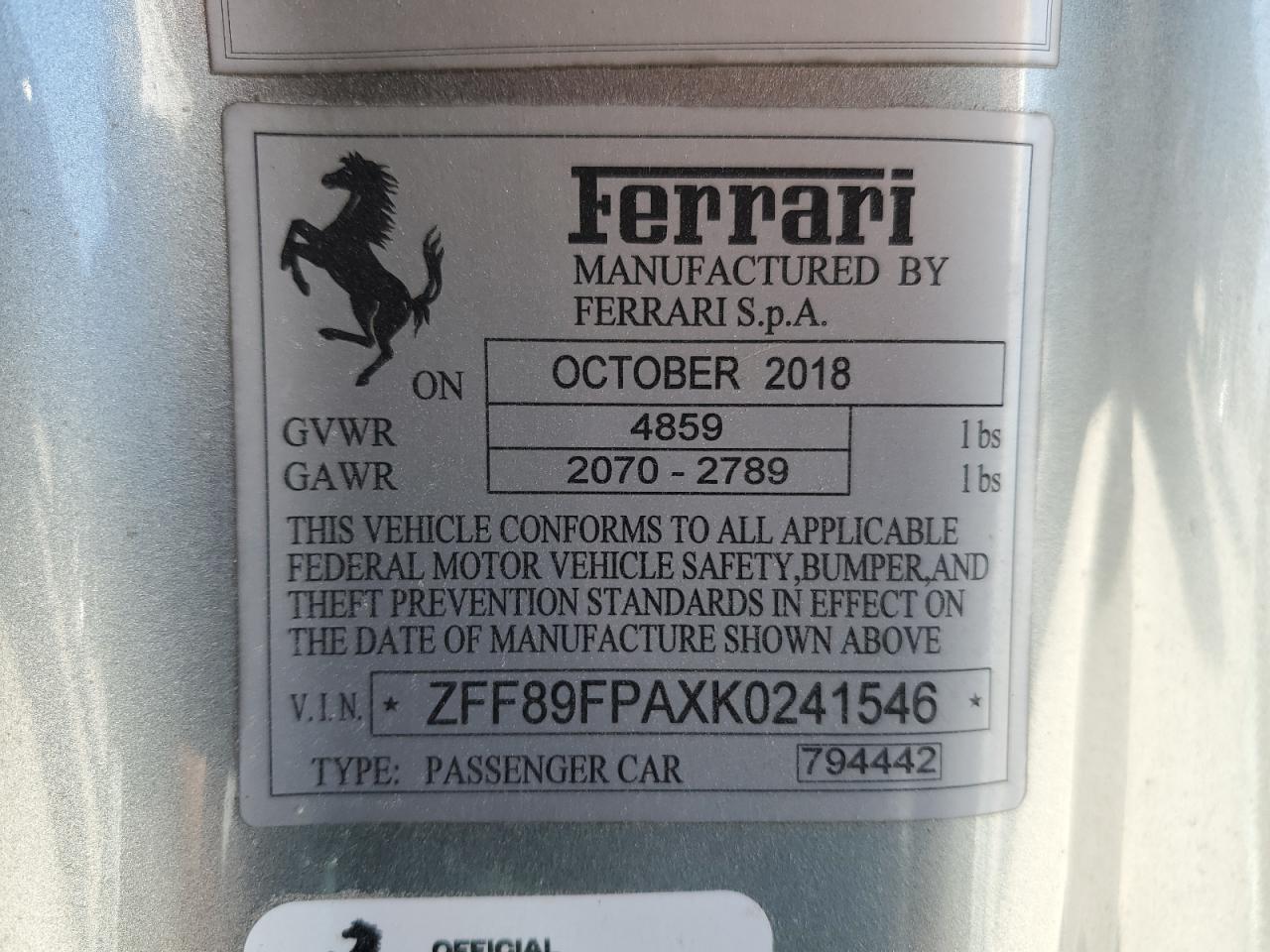 VIN ZFF89FPAXK0241546 2019 FERRARI ALL MODELS no.12