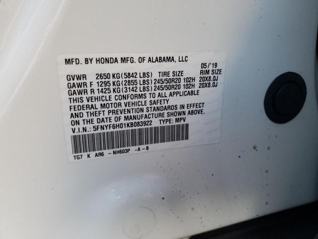 2019 HONDA PILOT ELIT - 5FNYF6H01KB083922