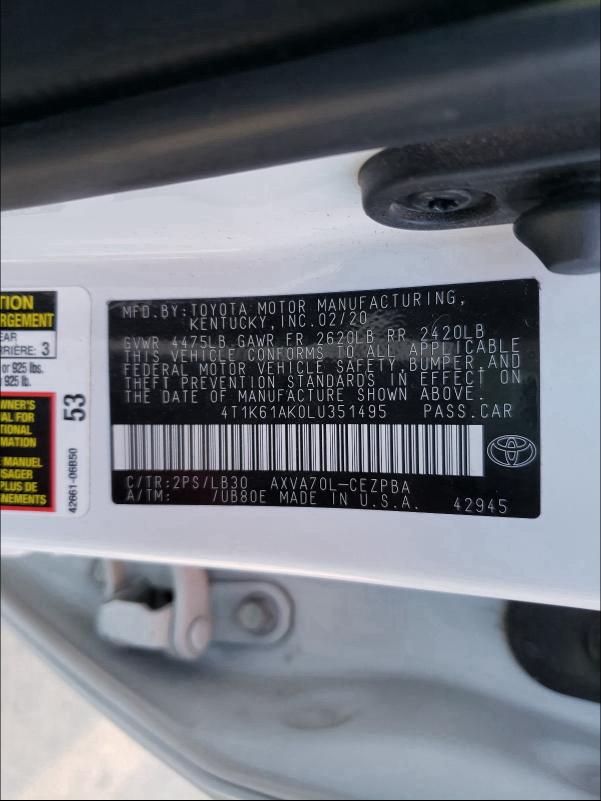 2020 TOYOTA CAMRY XSE 4T1K61AK0LU351495