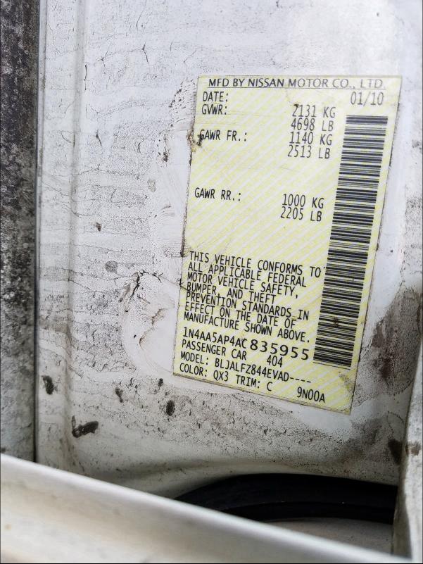 VIN: 1N4AA5AP4AC835955 Auction: COPART Lot: 29285110 Location: MI - DETROIT 1N4AA5AP4AC835955 NISSAN MAXIMA 2010 WHITE Photo 10