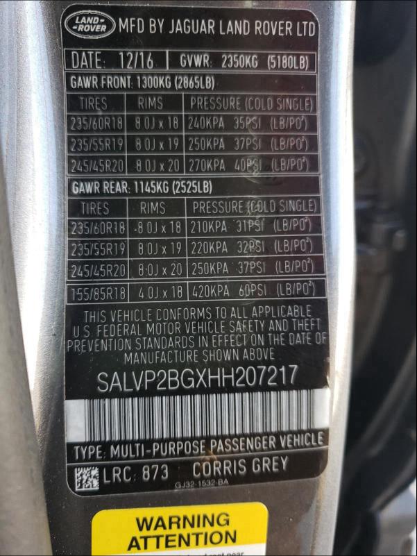 2017 LAND ROVER RANGE ROVE SALVP2BGXHH207217