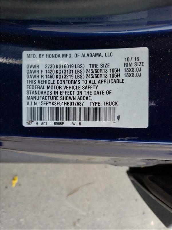 2017 HONDA RIDGELINE 5FPYK3F51HB017637